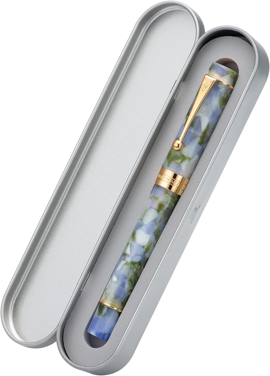Jinhao – Pluma estilográfica clásica de celuloide azul y verde, punta extrafina con conveter y estuche para bolígrafos