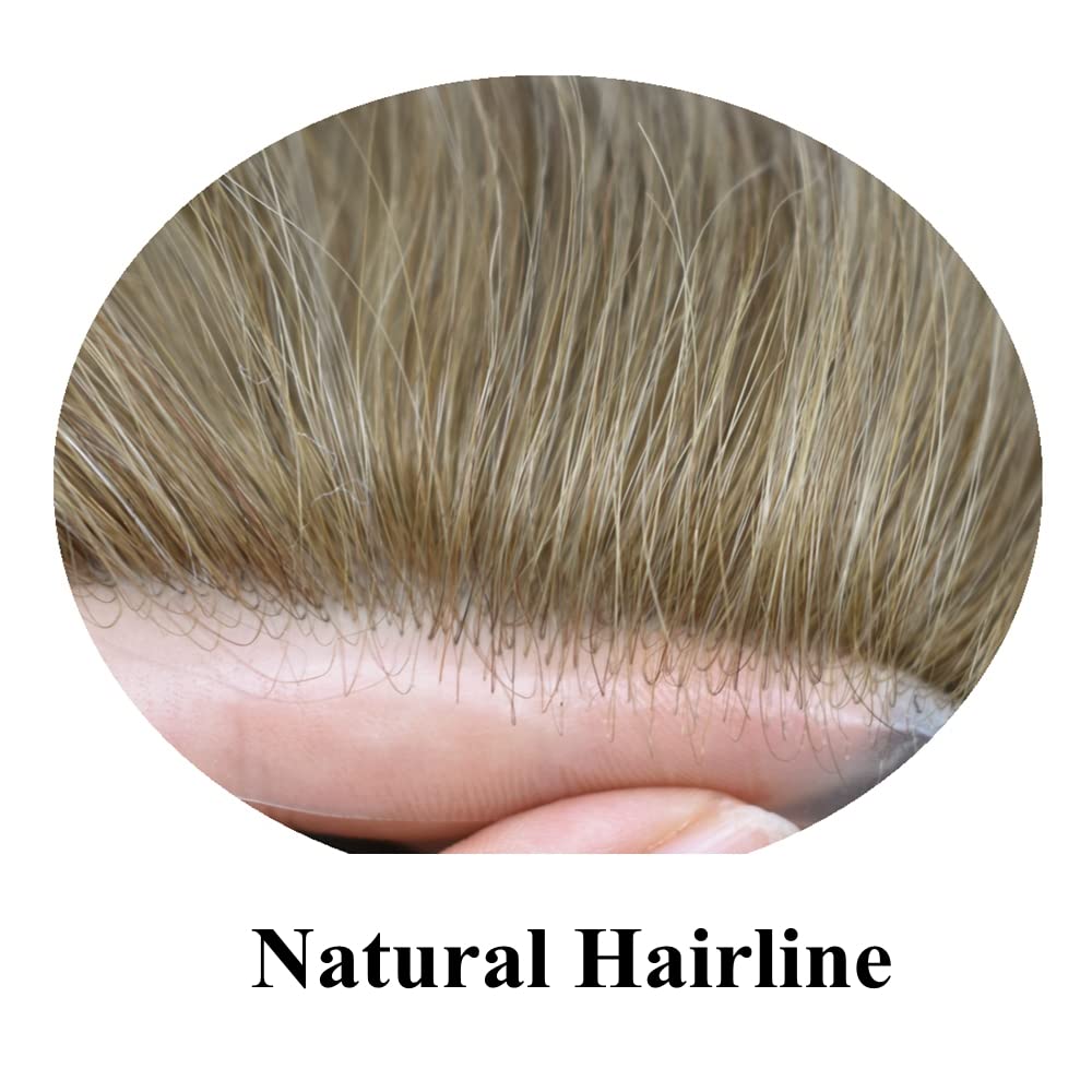 Toupee para hombres sistemas de cabello humano 0.002 in piel ultra fina para hombre Toupee V-Looped PU Hairpieces 90% densidad de luz, 18 #