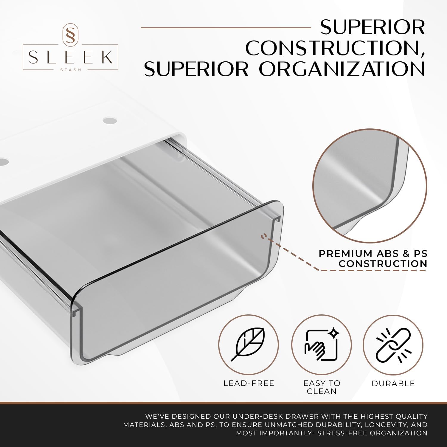 Sleek Stash Paquete de 2 organizadores de cajones para debajo del escritorio, deslizables, accesorio adhesivo para cajón de escritorio con bolígrafo