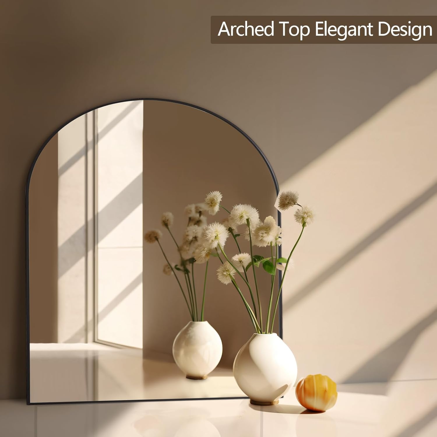 Mirrorons Espejo de baño arqueado de 33 x 31 pulgadas, espejo de pared moderno negro con marco de metal, espejo de tocador de baño con parte