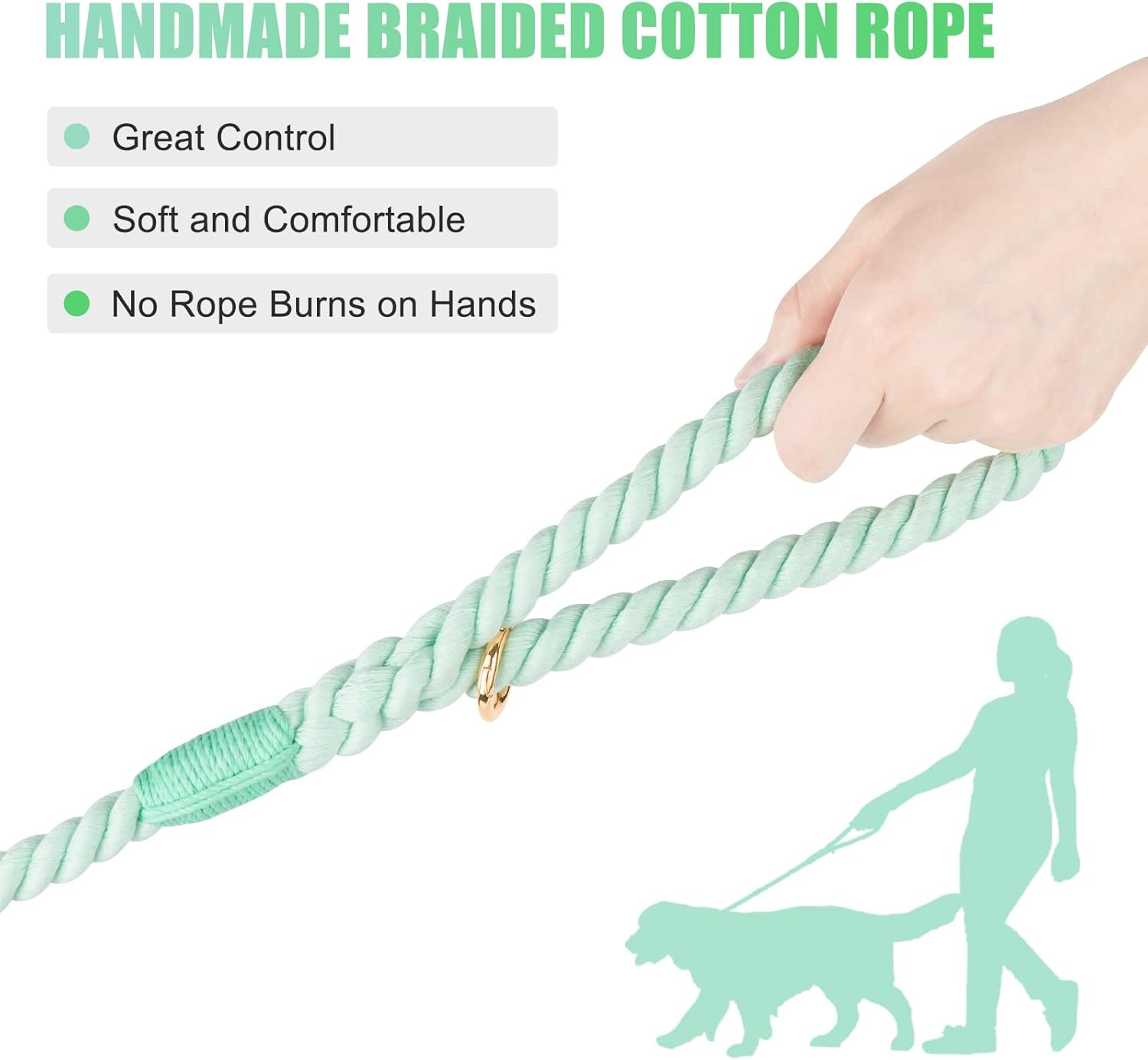 Correa corta para perro de 22 pulgadas hecha a mano con cuerda de algodón trenzada para perros grandes y medianos, verde claro