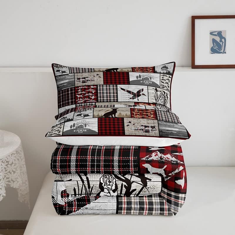Feelyou Juego de ropa de cama de perro de caza de patos, juego de edredón rústico a cuadros, edredón de pato malardo, para niños, niñas,