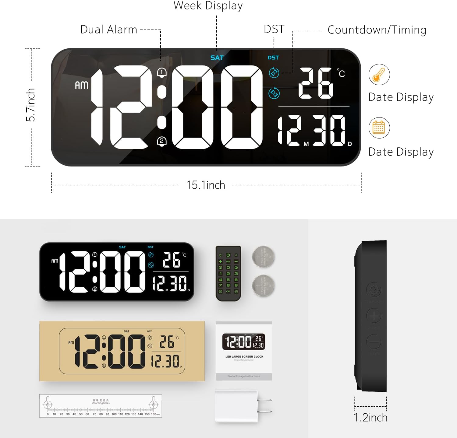 Reloj de pared digital, pantalla LED grande de 15.2 pulgadas con control remoto, 2 despertadores, DST, atenuación automática, 1224 horas,