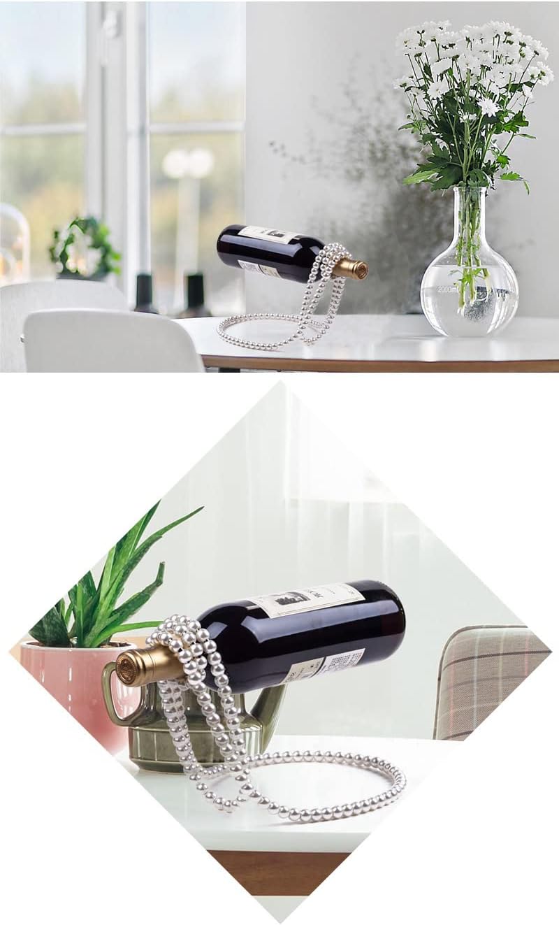 (Blanco) Collar de perlas artificiales flotante estante de vino, soporte de botella de vino de metal, soporte de botella de vino para bar y
