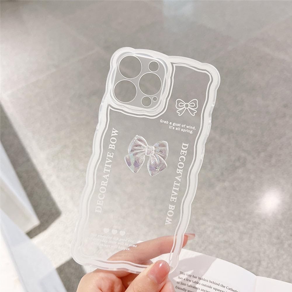 Casechics Funda compatible con iPhone, bonita pajarita de cristal 3D, forma de onda rizada con correa de pulsera de corazón, cadena, transparente,