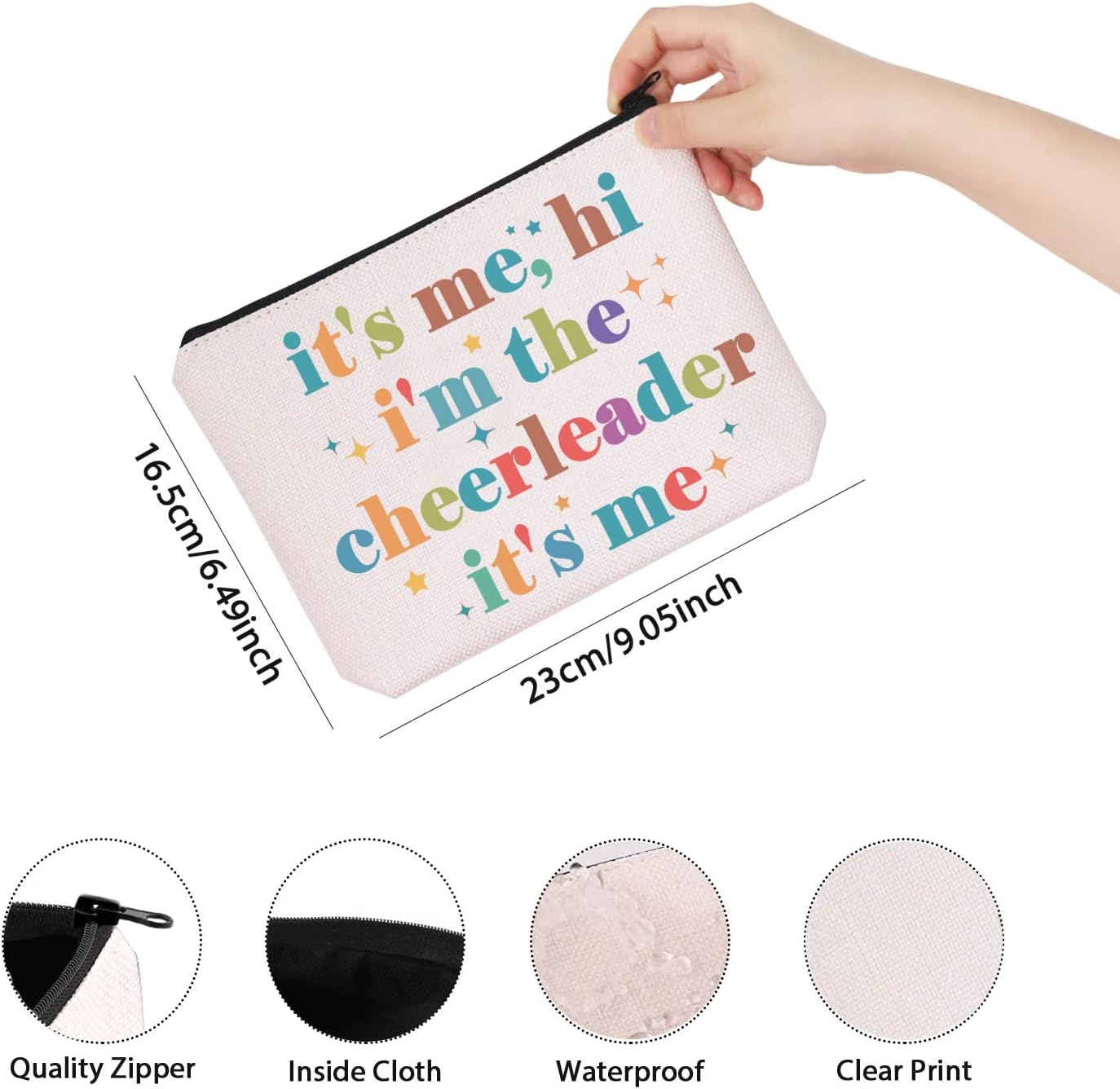 TSOTMO Bolsa de maquillaje con cremallera para animadora It’s Me, Hi I’m The Cheerleader It’s Me Bag Cheerleading Teammate Gift, Beige, Animadora