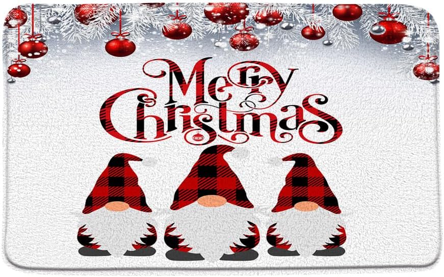 Sunhe Tapete de baño de gnomo de Navidad, lindo gnomo, folklore, elfos, rojo y negro, búfalo, a cuadros, pino, bolas de Navidad, decoración de baño,