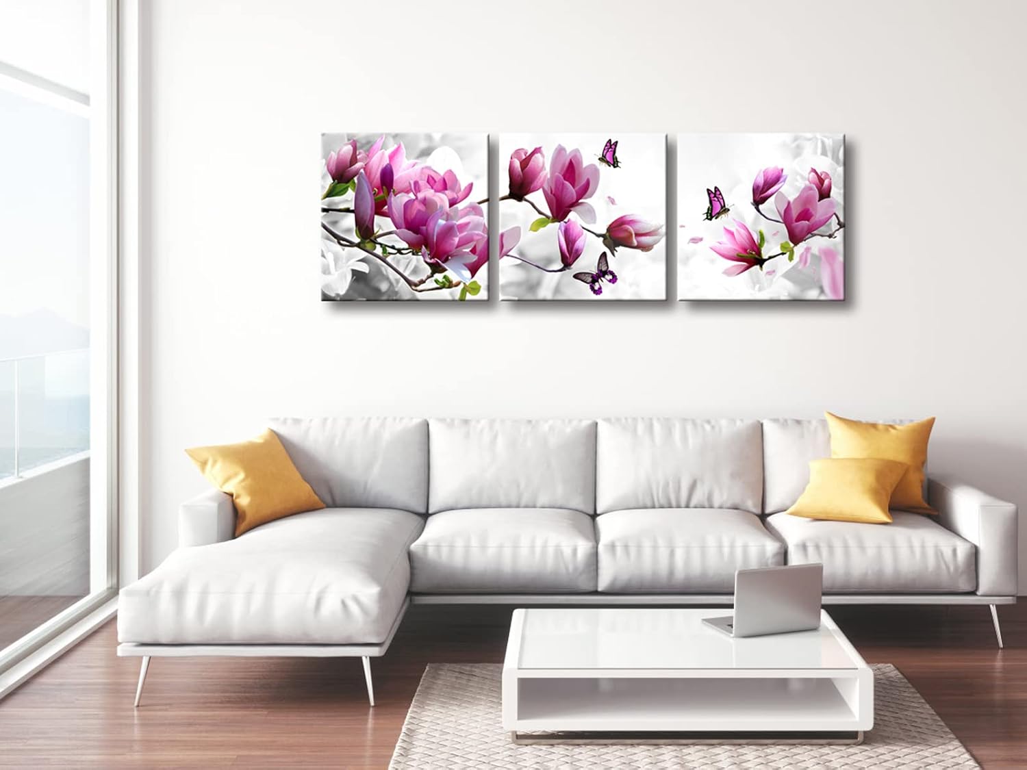 Wieco Art Mariposa en lienzo de magnolia, arte de pared, 3 piezas, flores moradas, pinturas para sala de estar, dormitorio, decoración del hogar,