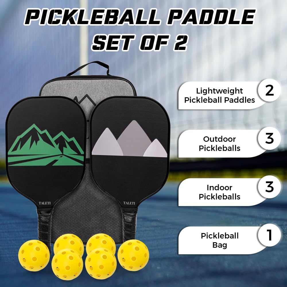 Taleti – Juego de 2 raquetas de pickleball de fibra de carbono, ligeras con 1 bolsa de transporte, 6 bolas de pickleball