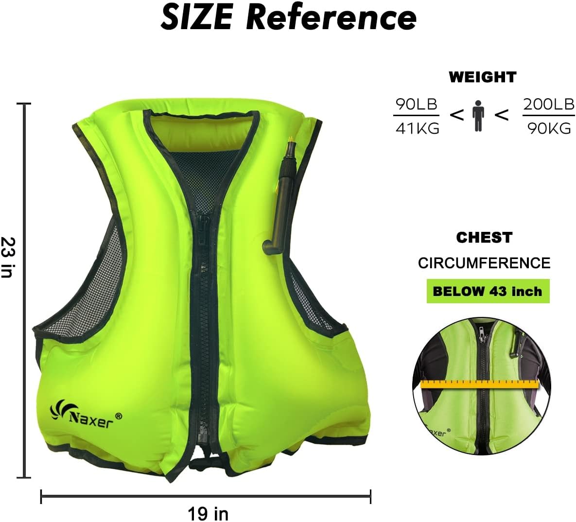 NAXER Chaquetas inflables de flotabilidad, chalecos de esnórquel para adultos, kayak, kayak, esnórquel, traje de esnórquel de 90 a 200 libras, fácil
