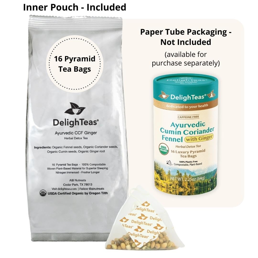 DelighTeas Té de jengibre orgánico Detox CCF  Recambio de bolsas de té piramidal ecológicas  Comino ayurvédico, cilantro, té de jengibre de hinojo
