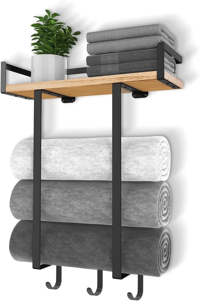 Toalleros para baño montado en la pared, soporte para toallas de baño con estante de madera, organizador de almacenamiento de toallas de pared,