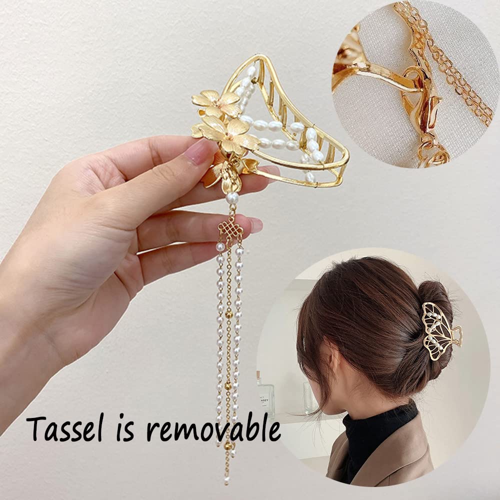 Yusier 2 pinzas para el cabello de metal de mariposa con borla de perlas huecas de hoja dorada, clip de garra, accesorios para el cabello de moda
