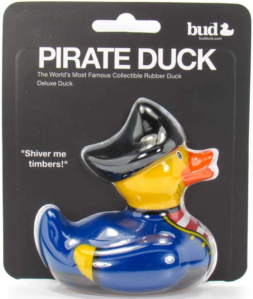 Juguete de baño de pato de goma pirata de Bud Duck  Elegante embalaje de regalo – “Shiver me timbers!”  Seguro para niños  Coleccionable