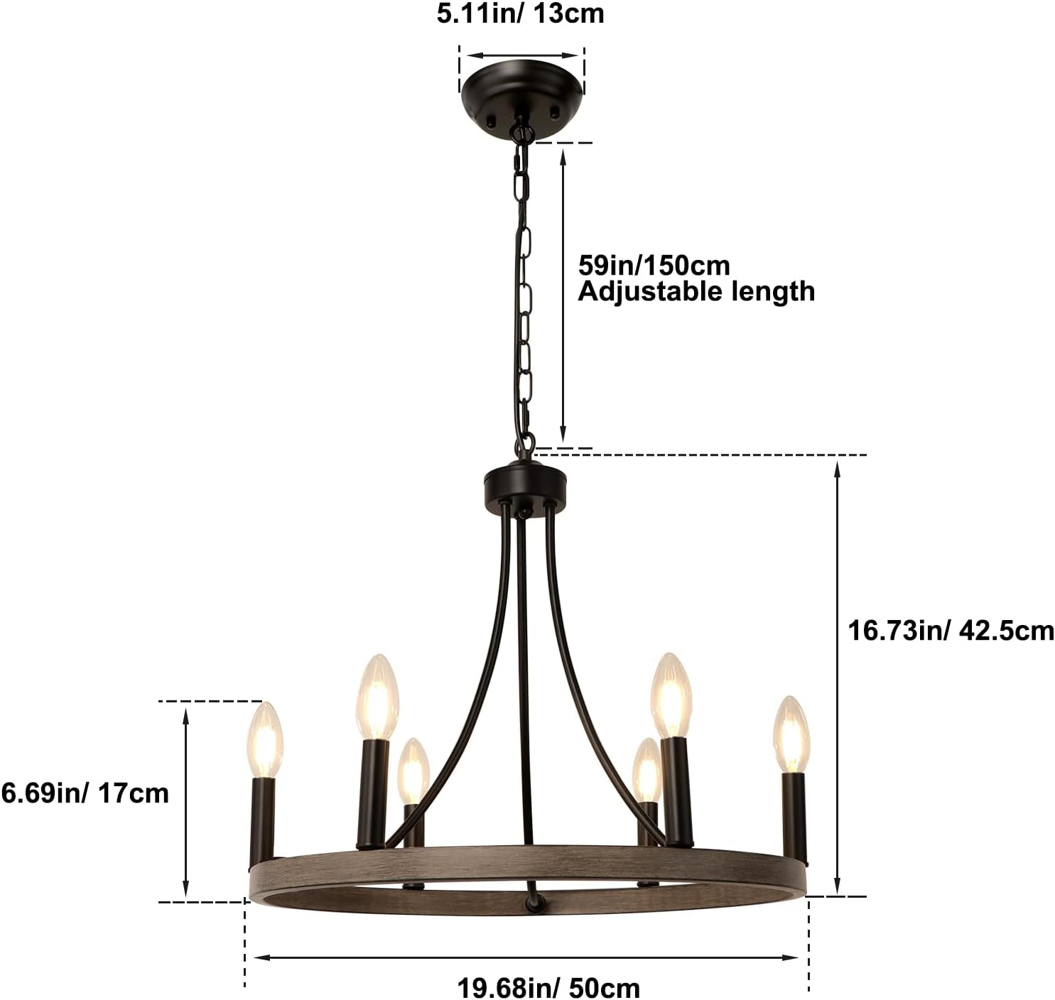 Candelabro de rueda de carro de 20 pulgadas, 6 luces rústicas de granja, lámpara de metal de madera sintética negra, lámpara de comedor, candelabros