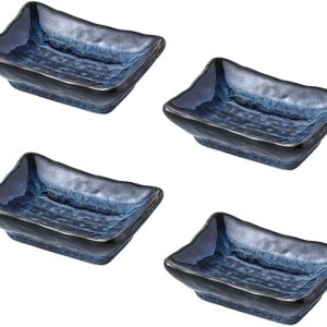 Colias Wing Juego de 4 platos rectangulares de porcelana para condimentos para salsa de soja, color negro, gris y azul Colias Wing Juego de 4 platos rectangulares de porcelana para condimentos para salsa de soja, color negro, gris y azul
