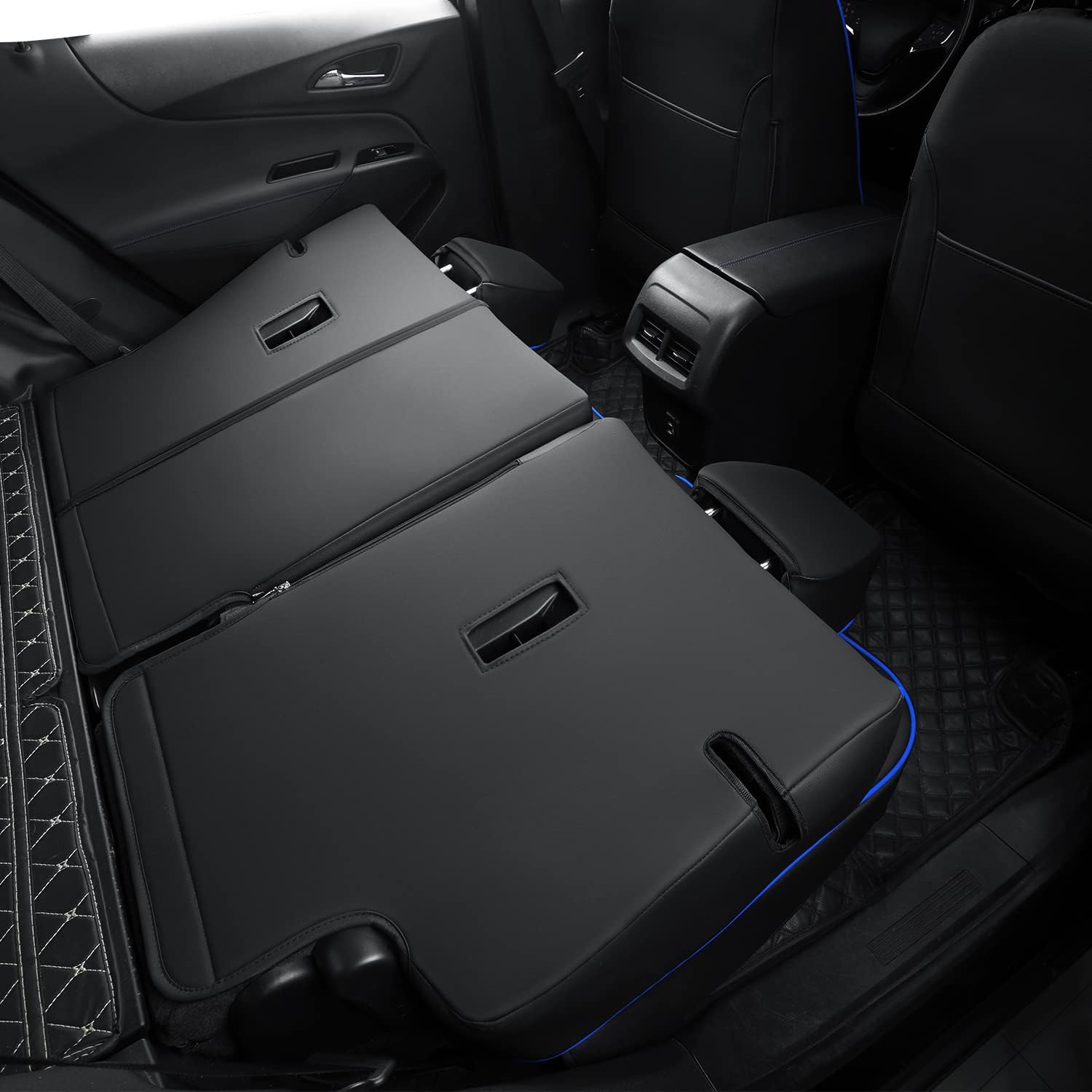 Fundas de asiento de terreno, aptas para GMC Terrain SLE SLT Denali AT4 SL 4dr SUV, piel sintética resistente al agua (juego completo, negro y azul)