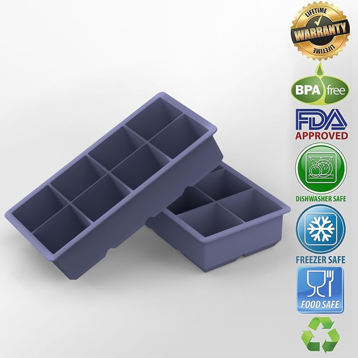 Samuelworld Moldes grandes de silicona para cubitos de hielo, paquete de 2, cubos grandes de 2 pulgadas, sin BPA, flexibles, 8 cavidades, fácil de
