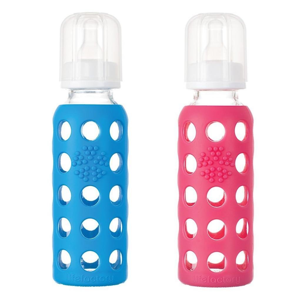 Lifefactory Biberones de vidrio con silicona de 9 onzas, paquete de 2 botellas (botella azul cobalto y frambuesa)