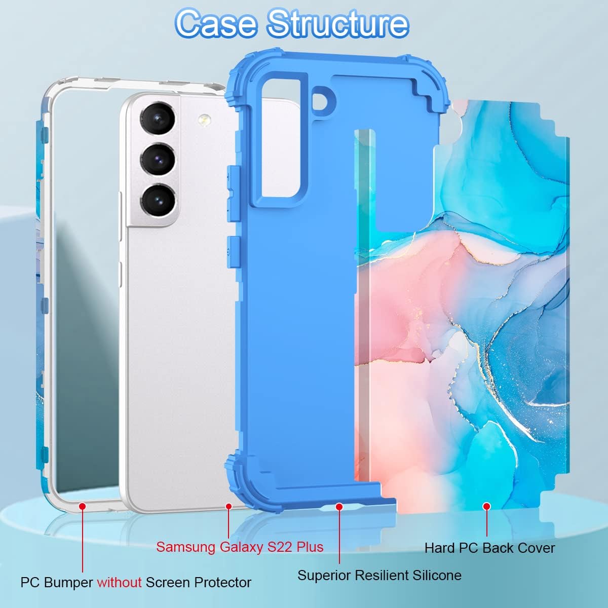 Fingic Funda Samsung Galaxy S22 Plus de mármol 3 en 1, protección híbrida de policarbonato duro, silicona suave, resistente, a prueba de golpes,