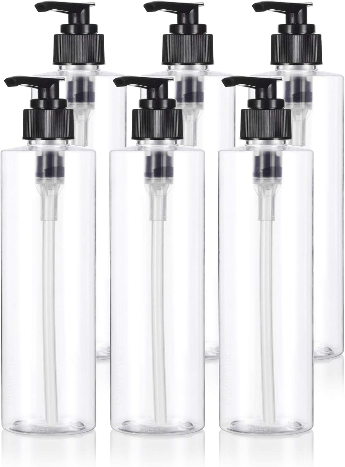 JUVITUS Botellas de plástico PET cilíndricas profesionales transparentes de 8 onzas (8.5 fl oz) (sin BPA) con bomba de loción negra (paquete de 6)