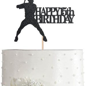 Decoración para pastel de béisbol negro 15 cumpleaños, decoración de fiesta de cumpleaños 15 con purpurina Decoración para pastel de béisbol negro 15 cumpleaños, decoración de fiesta de cumpleaños 15 con purpurina