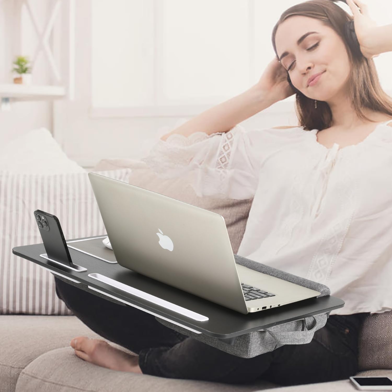 Escritorio para computadora portátil, escritorio de regazo 3 en 1 con cojín para laptop de 17 pulgadas, altura ajustable plegable, con alfombrilla
