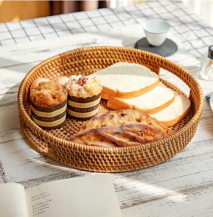 Bandeja redonda de ratán, cesta tejida a mano con asas recortadas, cesta de mimbre para servir frutaspan, 11.8 pulgadas