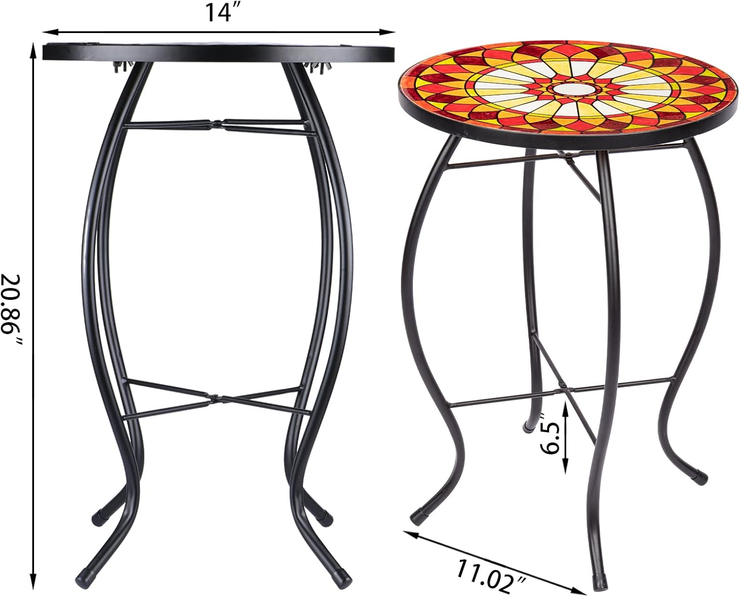 VCUTEKA Mesa auxiliar de mosaico para exteriores, mesa auxiliar para patio, mesa auxiliar pequeña, parte superior de cristal, redonda, balcón, mesa