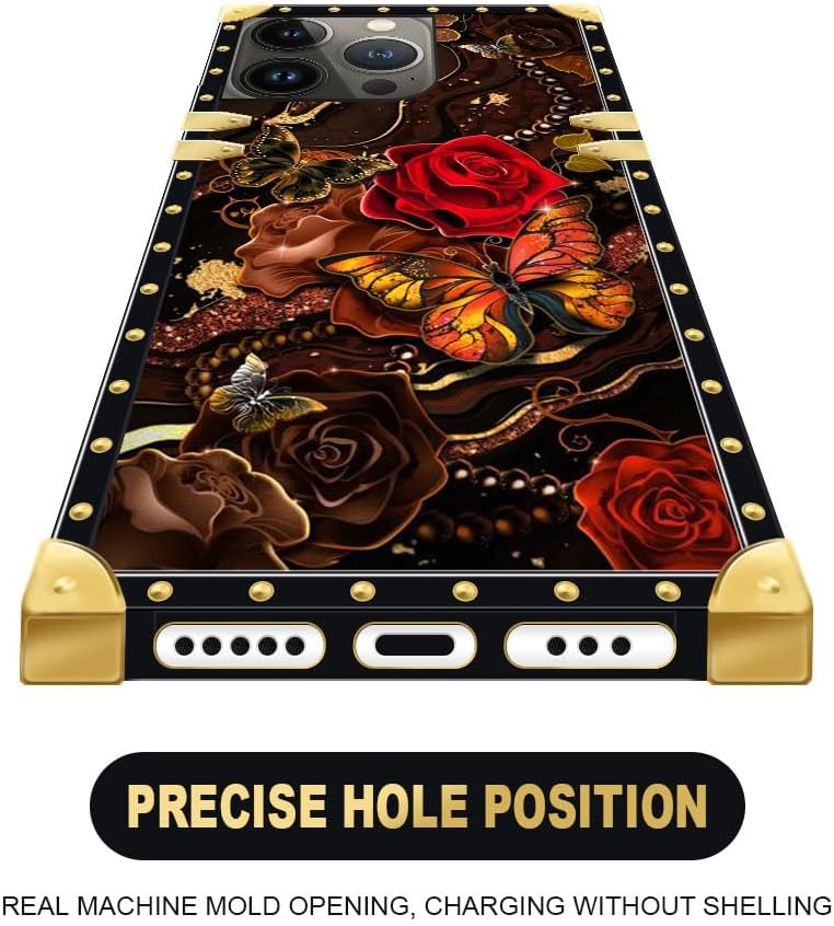 DAIZAG Funda compatible con iPhone 14 Pro Max, funda de mariposa dorada de cártamo para niñas y mujeres, decoración cuadrada de esquinas de metal,