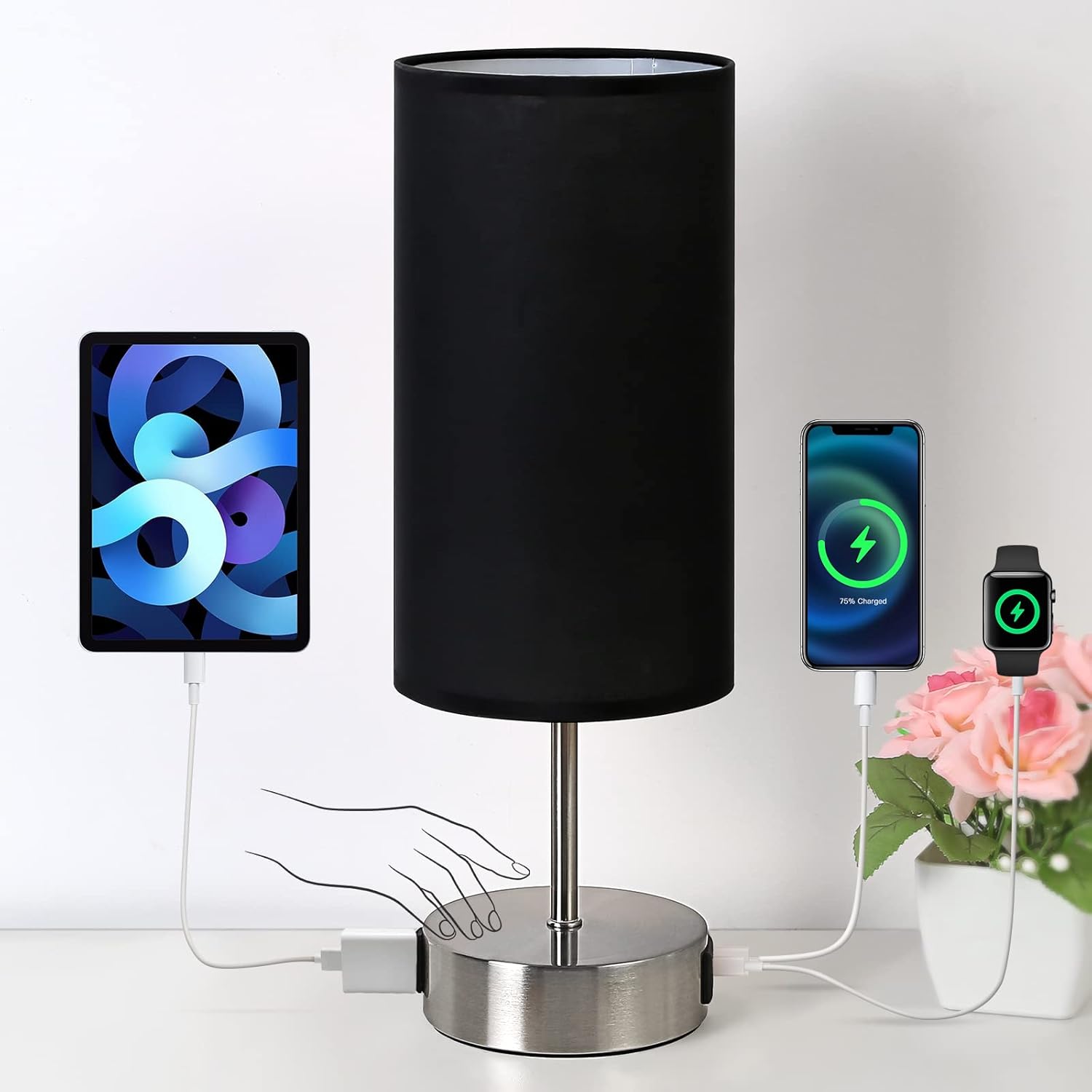 Yarra-Decor Lámpara de noche mejorada con puertos de carga USB A+C y salida de CA, lámpara de mesa de control táctil para dormitorio, lámpara de
