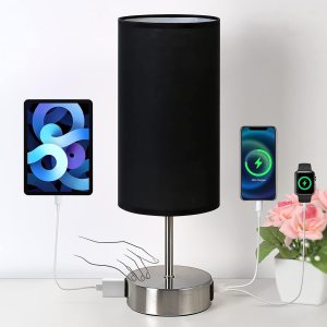 Yarra-Decor Lámpara de noche mejorada con puertos de carga USB A+C y salida de CA, lámpara de mesa de control táctil para dormitorio, lámpara de Yarra-Decor Lámpara de noche mejorada con puertos de carga USB A+C y salida de CA, lámpara de mesa de control táctil para dormitorio, lámpara de