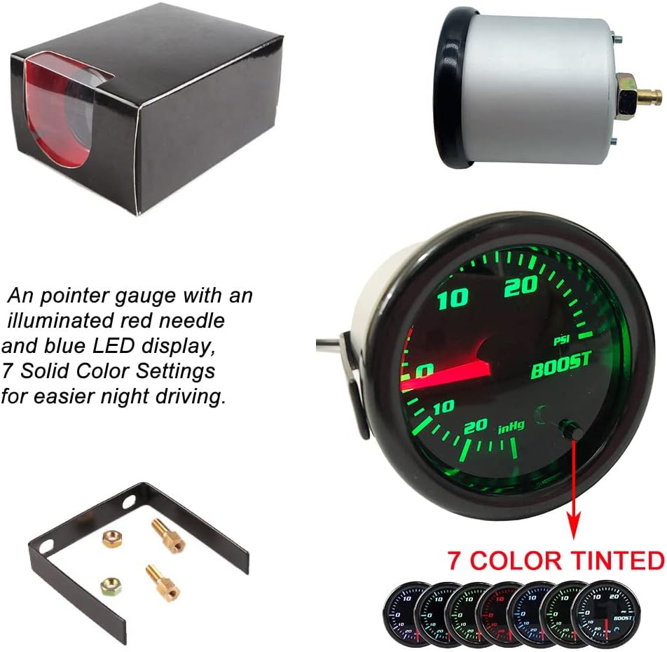 Medidor Turbo Boost de 2″ 2.047 in con ajuste de 7 colores con kit de controlador manual universal de 0-30PSI