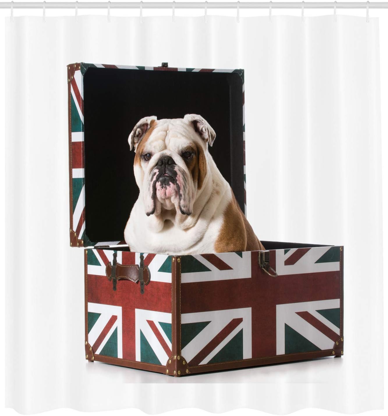 Ambesonne Cortina de ducha de Bulldog Inglés, Bulldog sentado en Union Jack Britain, diseño patriótico, juego de decoración de baño de tela con