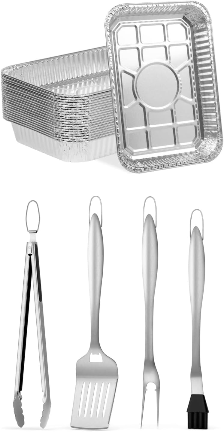 SHINESTAR Paquete de 20 bandejas de grasa desechables de papel de aluminio para Weber, viene con juego de herramientas de parrilla resistentes,
