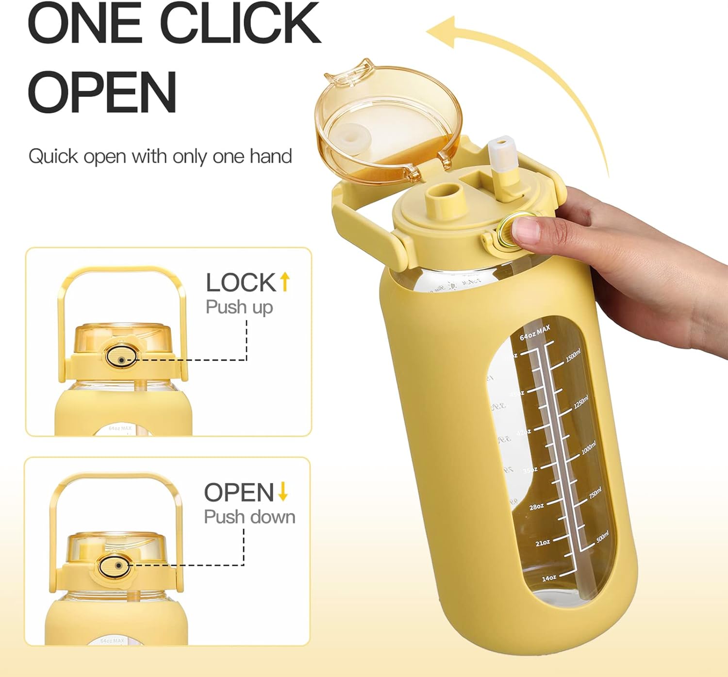 chunmo Pernos de agua de vidrio de 64 onzas con pajilla, botella de agua motivacional grande de medio galón con marcador de tiempo, botellas de agua