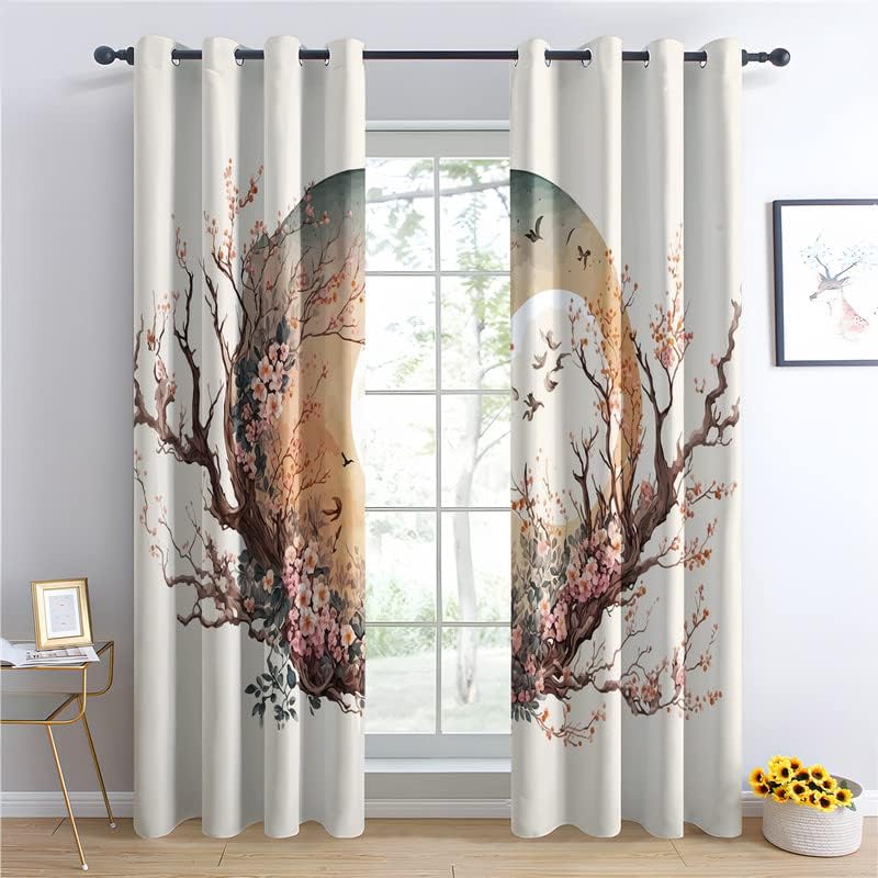 TAKUAN Sakura – Cortinas opacas de estilo japonés para dormitorio, sala de estar, juego de 2 paneles de 63 pulgadas de largo, cortinas con ojales
