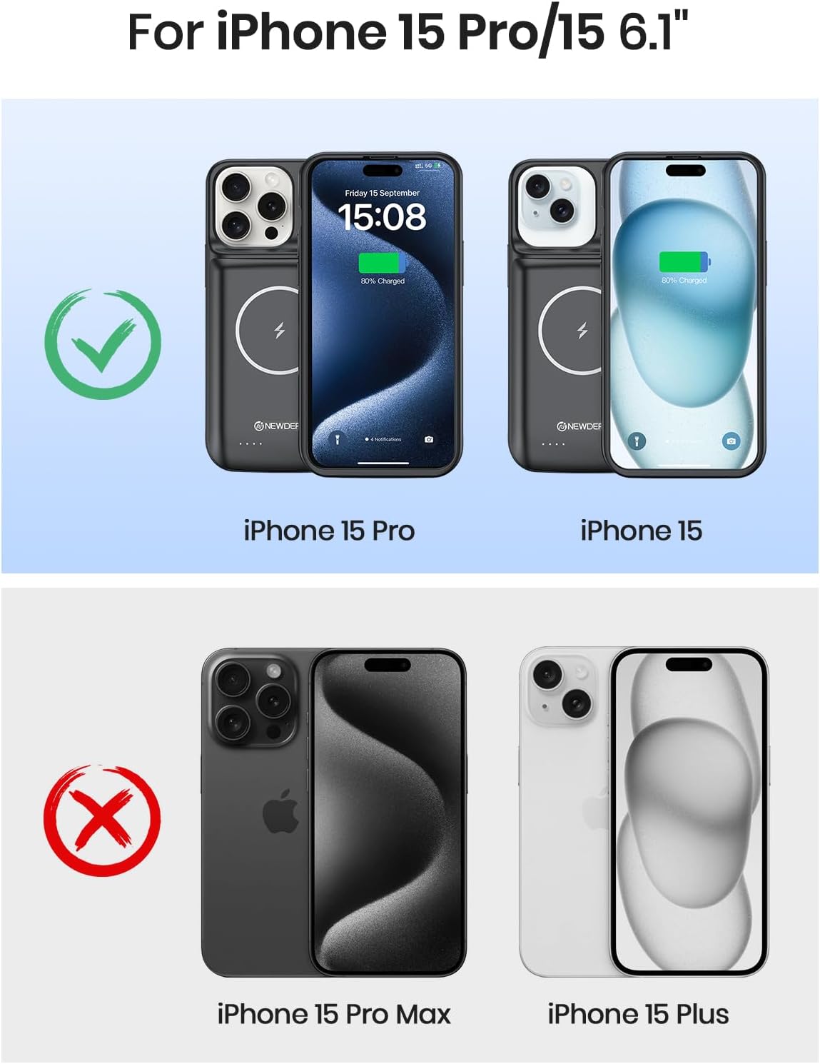 NEWDERY Funda de batería para iPhone 15 ProiPhone 15 10000mAh, USB C magnético Qi funda de carga inalámbrica, cargador extendido recargable