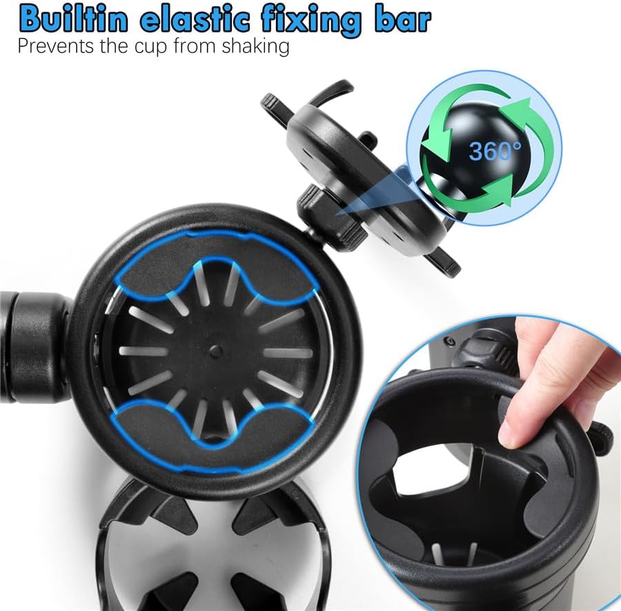 Portavasos para cochecito con soporte para teléfono, abrazadera giratoria de 360 grados para botella de agua, soporte universal 3 en 1 para