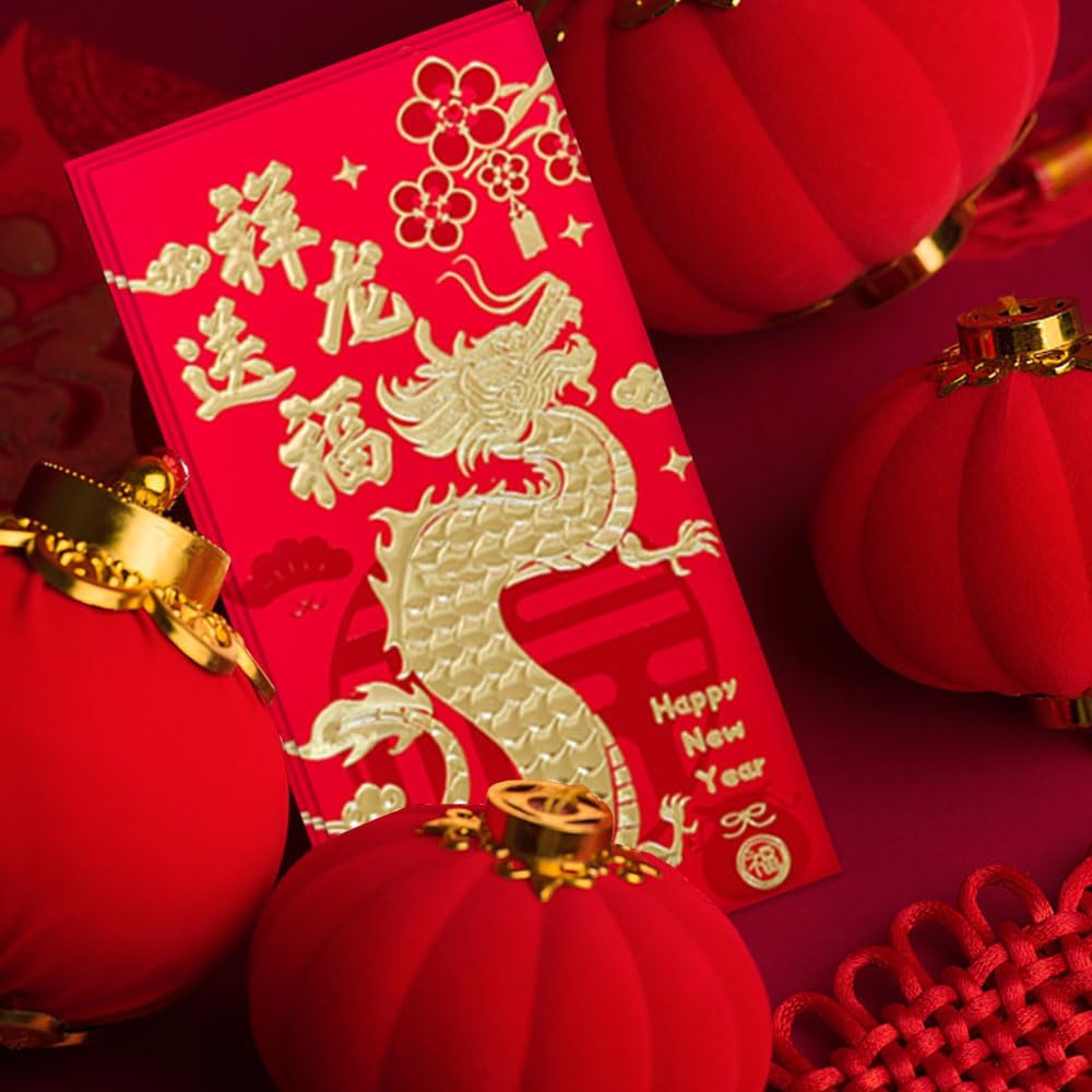 Hying 36 sobres chinos rojos chinos HongBao para tarjetas 2024, año nuevo chino, dragón, dinero de la suerte, bolsillos rojos para festival de