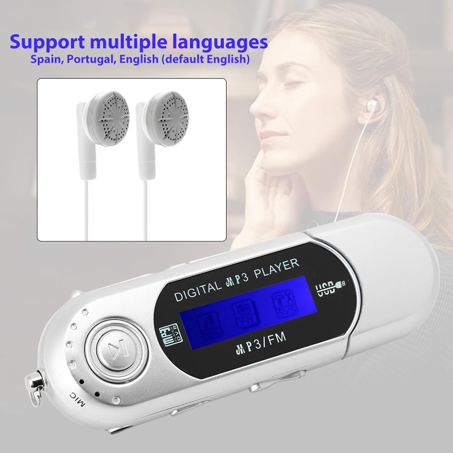 oceanside Reproductor MP3 USB Stick Música portátil Reproductor USB MP3 con pantalla LCD Radio FM Tarjeta de memoria de voz, negro plata azul (plata)