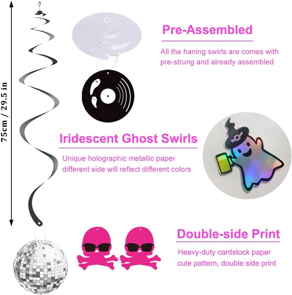 20 espirales colgantes de Halloween Death By Disco, Lets Go Ghouls, decoración colgante de despedida de soltera, calavera rosa intenso, serpentinas