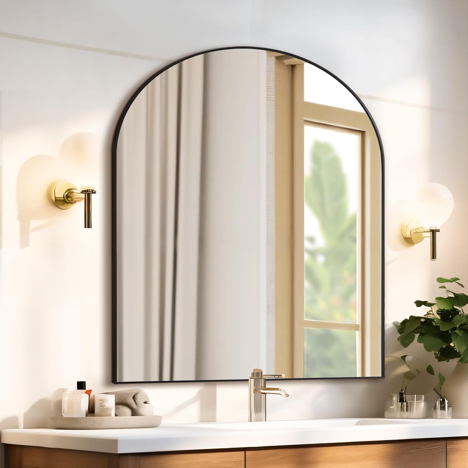 Mirrorons Espejo de baño arqueado de 33 x 31 pulgadas, espejo de pared moderno negro con marco de metal, espejo de tocador de baño con parte