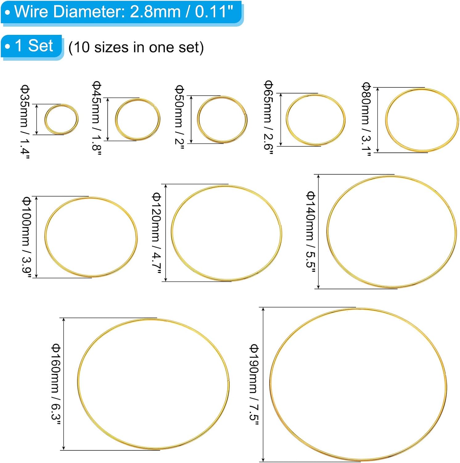 PATIKIL Juego de anillos de atrapasueños, 10 tamaños de corona de macramé de metal, aro redondo floral para decoración de Navidad, hogar, automóvil,