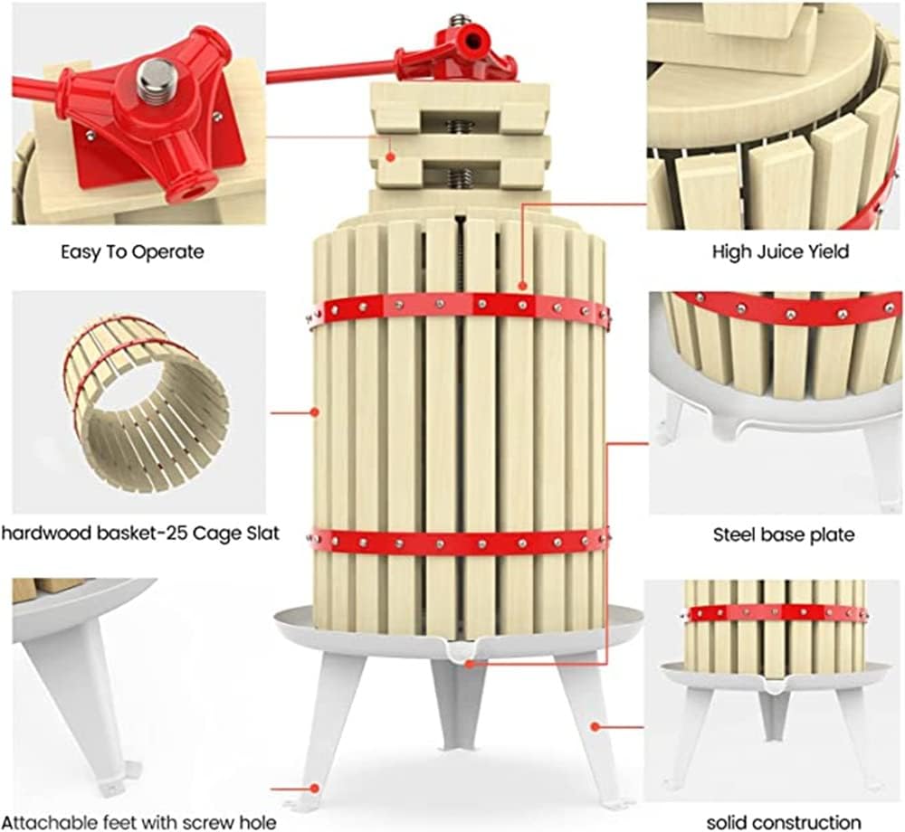 Prensa de vino de frutas de 4.8 galones18 litros, prensa manual de uva de hierro fundido para elaboración de vino, cesta de madera 100% natural con