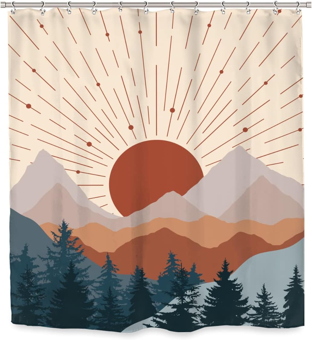 Cortina de ducha de montaña bohemia de mediados de siglo, 60 pulgadas de ancho x 72 pulgadas de alto, puesta de sol abstracta, brumosa, moderna,