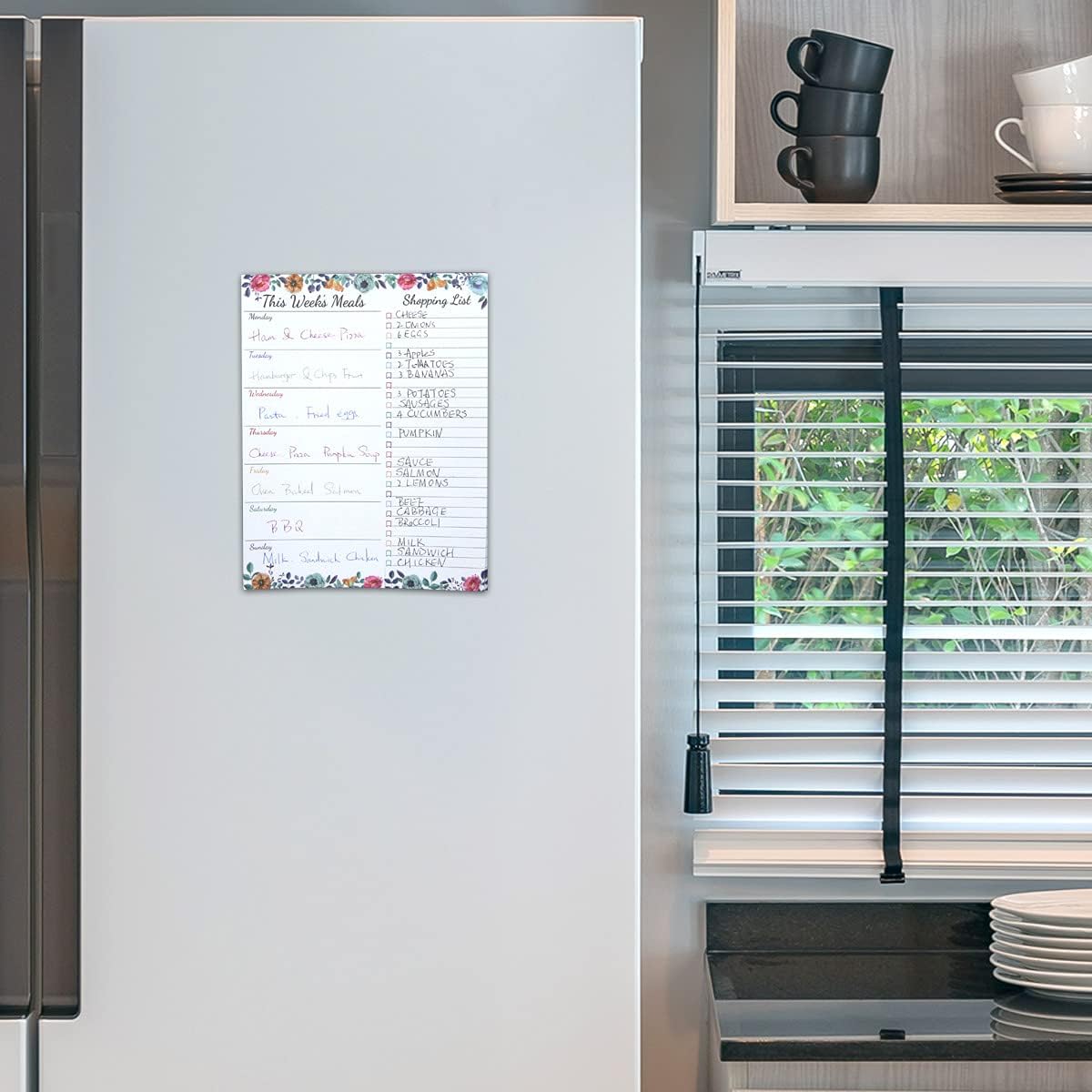 Planificador semanal de comidas, bloc de notas magnético floral para refrigerador, almohadilla de planificación de comidas con lista de comestibles
