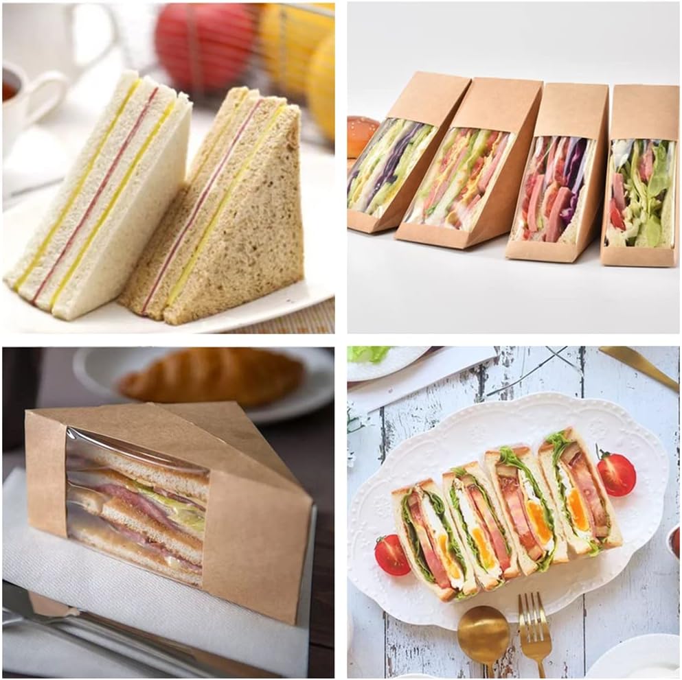 50 cajas de papel sándwich, cajas de sándwich de papel kraft con ventana, caja de cuña, recipiente individual para sushi para panadería, pastel de
