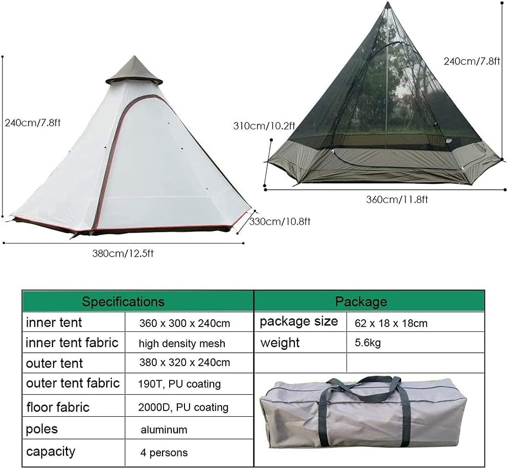 Tienda de campaña impermeable pirámide tipi para adultos, tienda de campaña impermeable de doble capa, tienda india, tienda de campaña para yurtas,