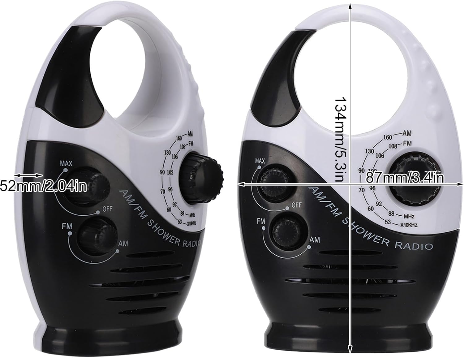 Radio de ducha impermeable, radio AMFM con altavoces de volumen ajustables, altavoces portátiles alimentados por batería con mango de gancho para